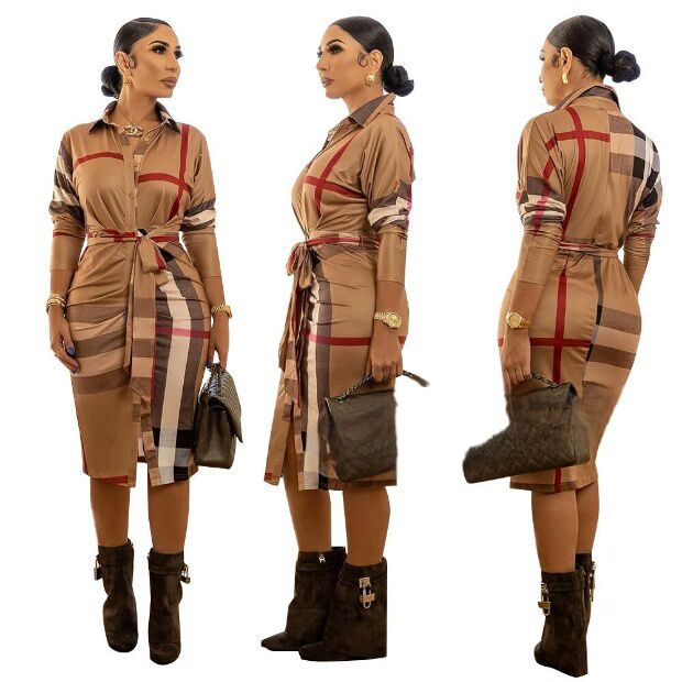 

DD0025 Women's Dresses 2023 New High Quality Ultra Fashion Stripe Lace Up Mock Neck Midlength Lined Dress, Brown