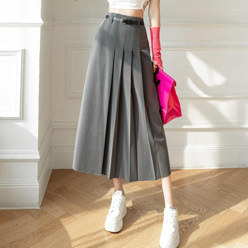 

Skirts Gray Fashion High Waist A-line Pleated Skirt Women Long Office Lady Elegant Suit 2023 Spring Summer Midi, Black