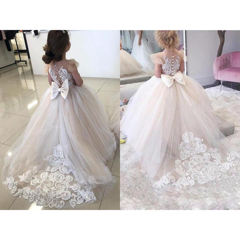 

Girl Dresses Girl's Wedding Party Flower Ball Gown Kids Pageant First Communion Big Bow Long Sleeves White Bridesmaid Dress Girls, Picture shown