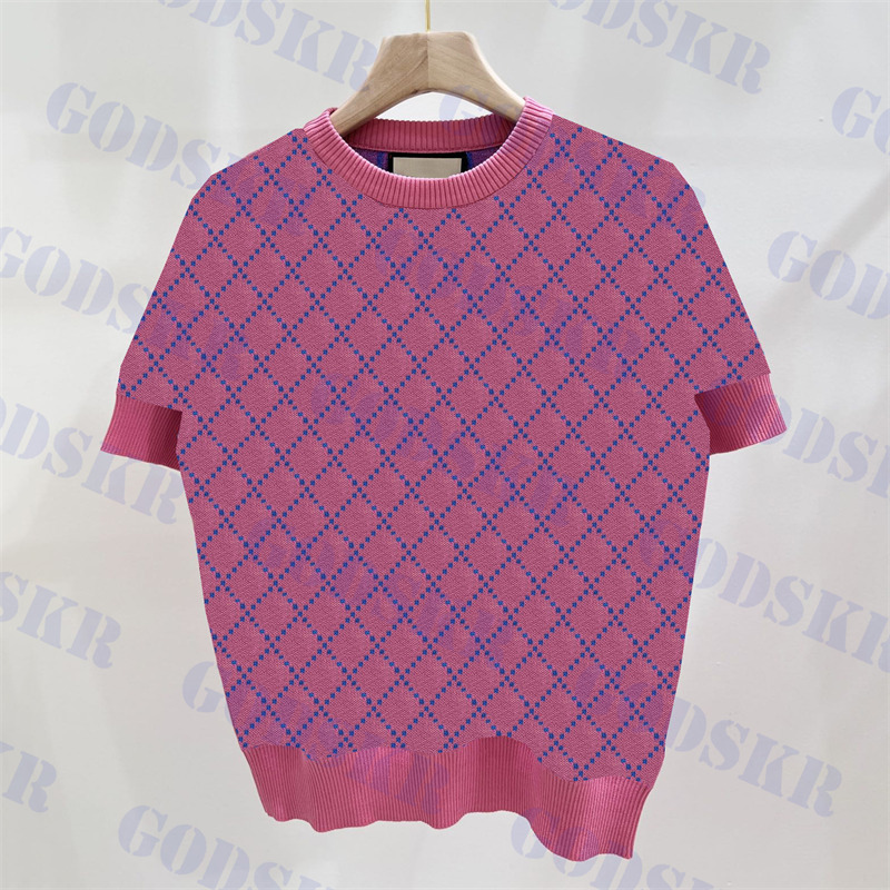 

Womens Knitted Tops Letter Jacquard Short Sleeve T Shirt Spring Pink Tees Sweater For Women, Pls contact me real pic
