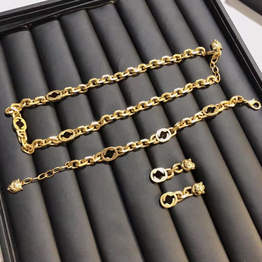 

Brand Designer Hip Hop Necklace Double G Interlocking Thick Chain Bracelet Letter Pendant Earrings Unisex High Quality With Box, Golden