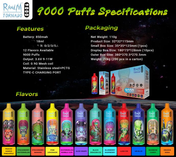 

Original E Cigarette RandM Tornado 9000 Puffs vape disposable Puff 7000 Hits Disposables vapes pods MESH COIL 18ml 850Mah Battery 9514552