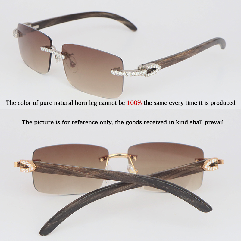 

621s Moissanite Diamond Set Rimless Sunglasses Womans Big Stones 2.5 Carat Diamond Sun glasses Original MARBLED BLACK BUFFALO HORN Men Women Sunlasses Luxury