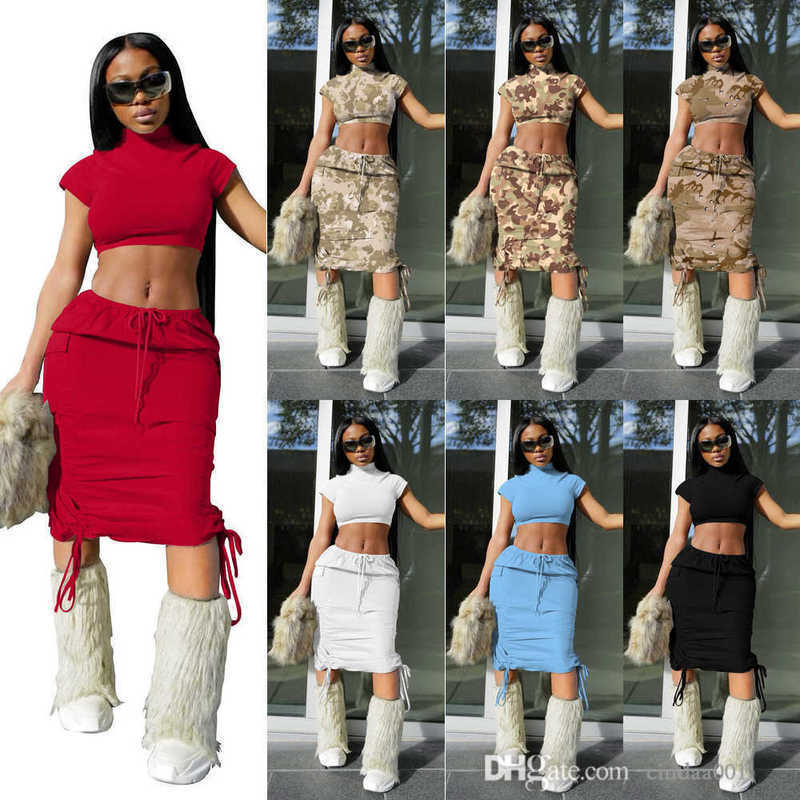 

Womens Dress Suits Designer 2023 New Pocket Short Sleeve Two Piece Skirt Set Casual Dresses Print High Elastic Designer Summer Clothing, Camouflage3