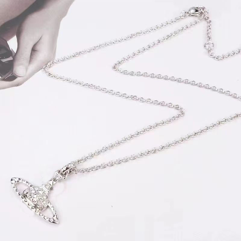 

Saturn Curved Necklace Pearls Diamond Rhombus Tennis Necklace Woman Silver Chains Vintage Trendy Style with box