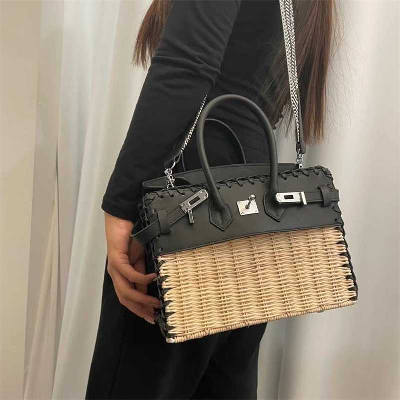 

Birkins Designer handbag women bags South Korea hand wax thread bag splicing cowhide handbag woven picnic bag commuter bagqq, Black10