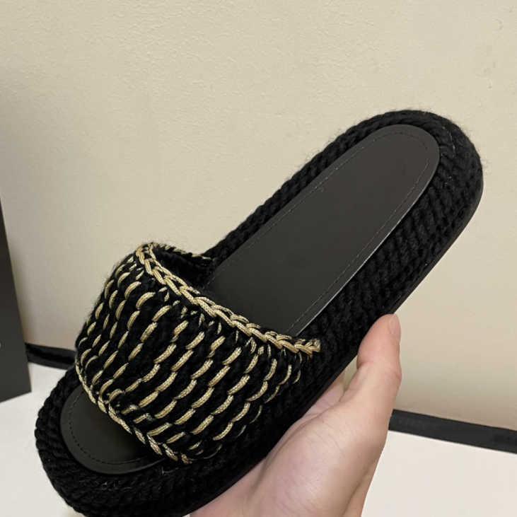 

35-41 Sizes Women Tweed Leather Straw Woven Slides Sandals Slip Wedge Flats Fashion Beach Mule Brand Flip Flops Casual Slides Shoes Platform Chain Rubber Slider 2023, 202206170321;size 34-41