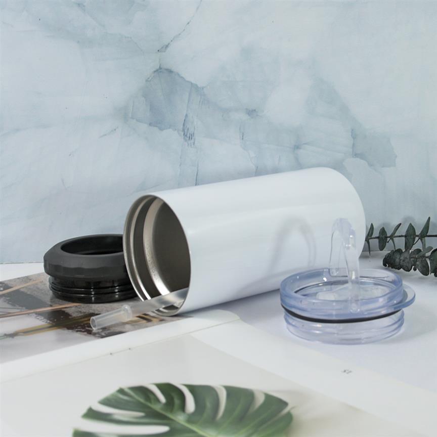 

1pc sample 4 in 1 Sublimation Straight Tumbler 16oz Stainless Steel can cooler with 2 lids 1 Plastic Straw and Beer cola cooler Do264k, White