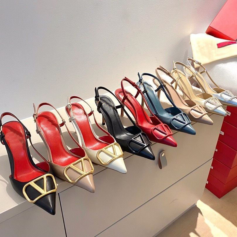 

Women High Heel Shoes Sandals Pointed Toe Pumps Metal Buckle 3.5cm7.5cm Thin Heels Genuine Leather Sexy Shallow Nude Black Red Wedding Shoes, Silver