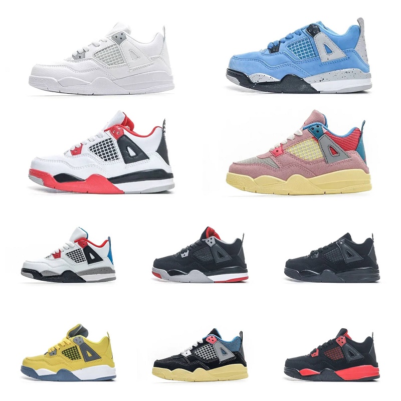 

4S Jumpman Kids Basketball shoes Union Fire Red 4 Black Cat All White Pink Infant Boy Girl Toddlers Fashion Baby Trainers Military Black Red Thunder Children Sneakers, K001