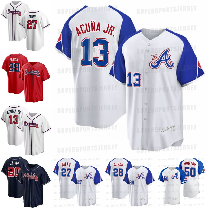 

28 Matt Olson Baseball Jersey Charlie Morton Ronald Acuna Jr. Raisel Iglesias Marcell Ozuna Austin Riley Austin Riley Eddie Rosario 99 Spencer Strider Custom Stitch, Blue