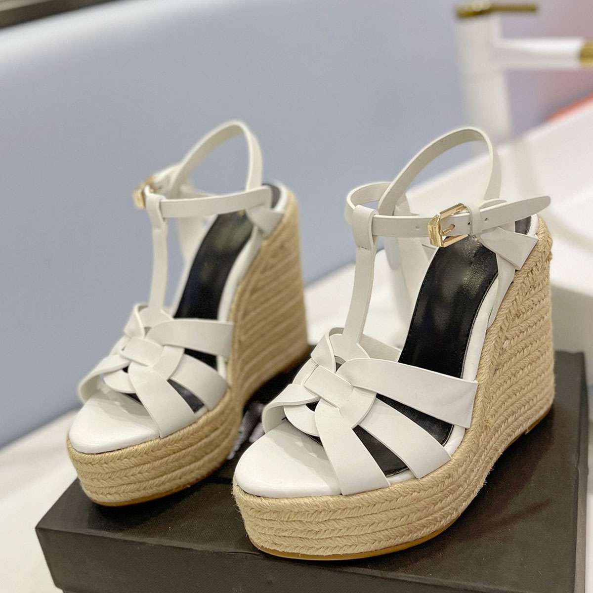 

Tribute Woven Espadrille Sandals Wedge platform pumps heels Square toe shoes women's luxury designers leather outsole evening shoes 125mm factory footwear, Pink
