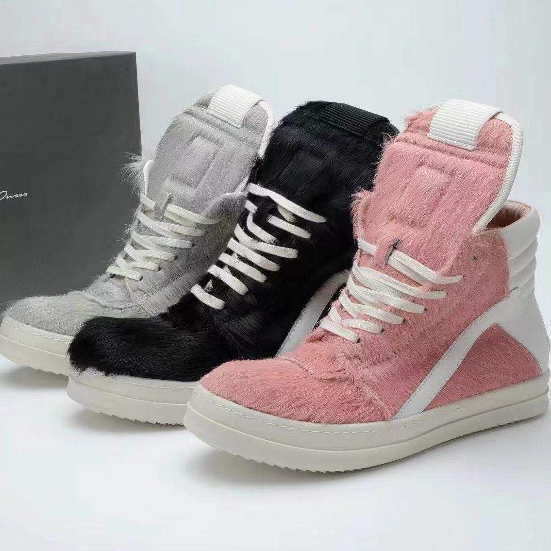 

Owens Winter Horse Hair High Top Women Shoes Sneakers Lace Up Men Thick Soled Leather Rick Ro Geobasket Zipper Motorcycle Boots, Pink