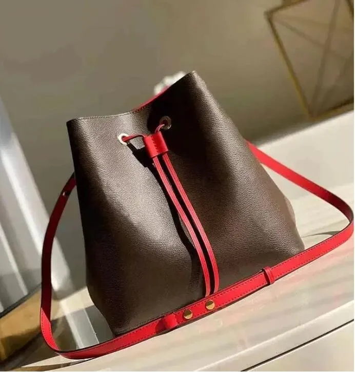 

High quality luxurys designer Bag Fashions Women Vintage Bucket Handbag Purse Brown flower ladies leather tote bag Brand Letter Shoulder crossbody Bag, Red