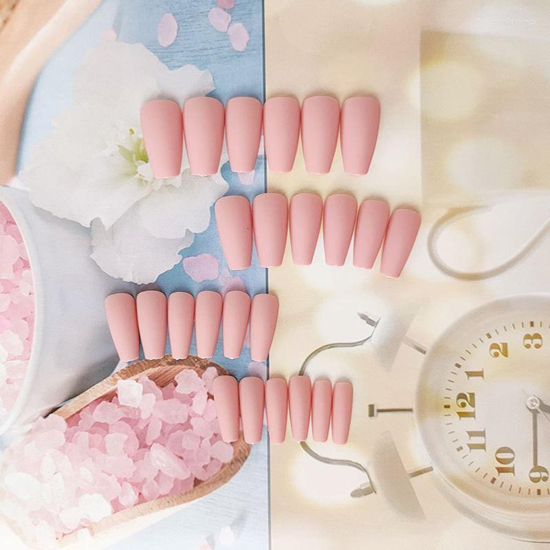 

False Nails 2023 24pcs Frosting Matte Bare Pink Long Paragraph Coffin Nail Piece Art Tip Stick On Accesoires, White