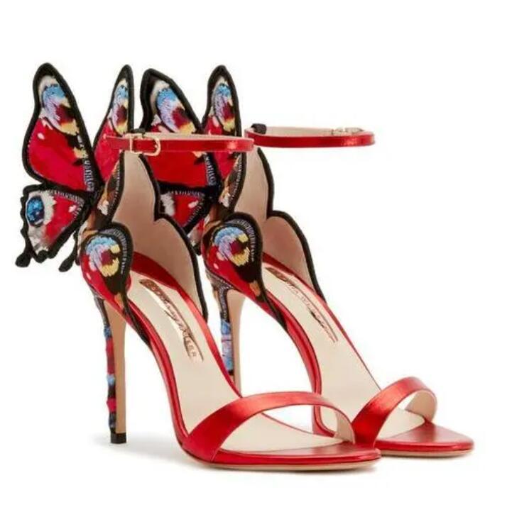 

Red Embroidery Butterfly Sandals Sophia Webster Thin high heel Ankle Wing Lady Gladiators Shoes Womens Pumps, As pics
