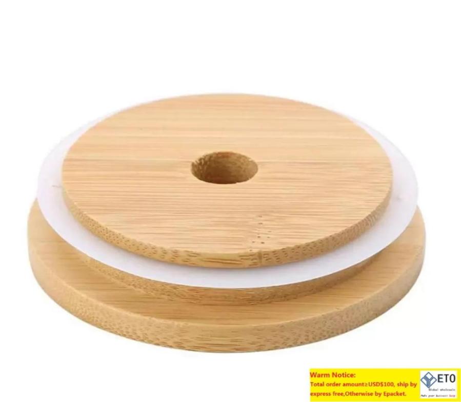 

100 pcs Bamboo Cap Lids 70mm 88mm Reusable Wooden Mason Jar Lid with Straw Hole and Silicone Seal DHL Delivery9218052