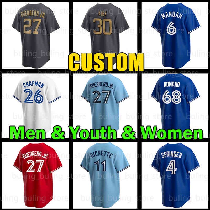 

27 Vladimir Guerrero Jr. Baseball Jersey 11 Bo Bichette Toronto 4 George Springer Matt Chapman Blue Jays Alejandro Kirk 6 Alek Manoah Romano, Men custom retro (l n-no name)
