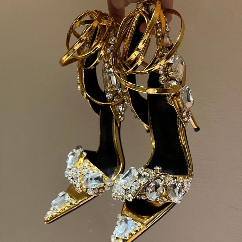 

Women Dress Shoes Metallic Crystal embellished Ankle-Tie Sandals stiletto Heels Party Evening shoes open toe Calf Mirror leather luxury designers factory footwear, With box