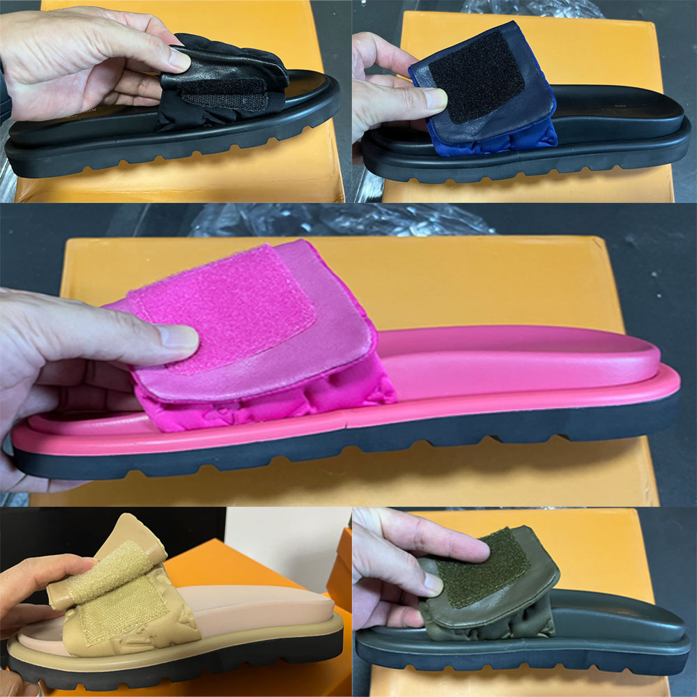 

2023 Pool Pillow Mules Women Designers Sandals Sunset Flat Comfort Mules Padded Front Strap Slippers Fashionable Easy-to-wear Style Slides size 35-44 men womens shoes, Black