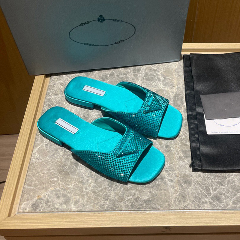 

Black Satin Slides With Crystals Slippers Flat Fabric Satins Slide Sandals Women Fashion Mules Studded Crystal Summer Party Rubber Sole