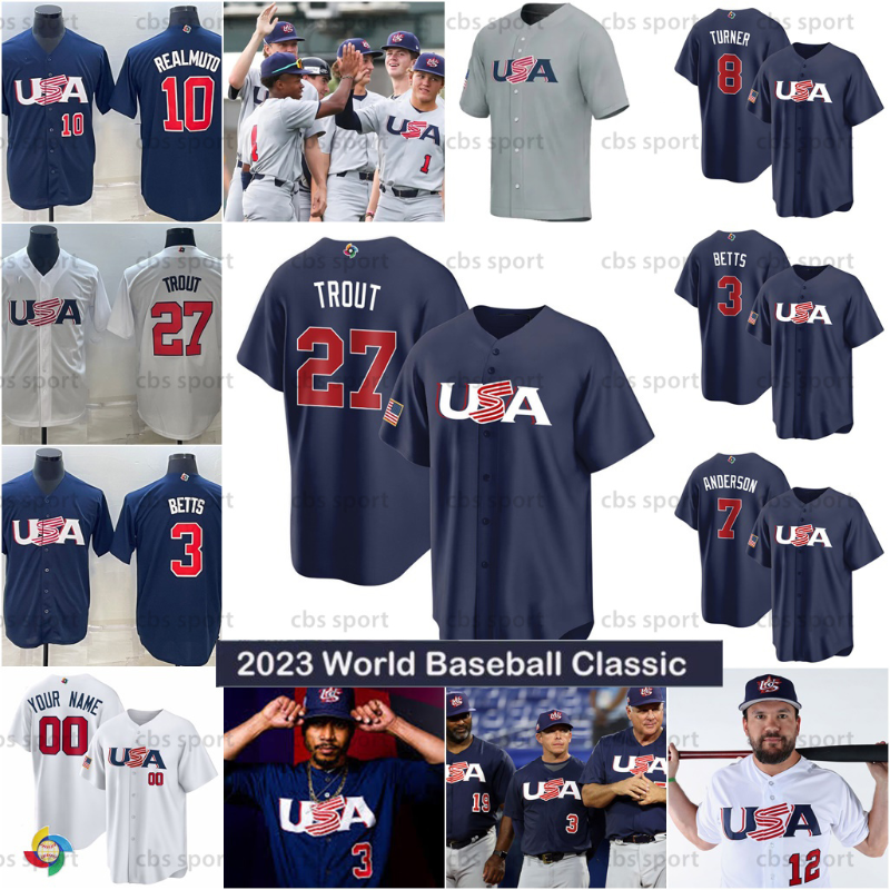 

Top 2023 Custom S-3XL Team USA Baseball Jersey Mike Trout Bobby Witt Jr. Nolan Arenado Nestor Cortes Clayton Kershaw Realmuto Betts Tucker Schwarber Goldschmidt, Men 2023 wbc cool base navy