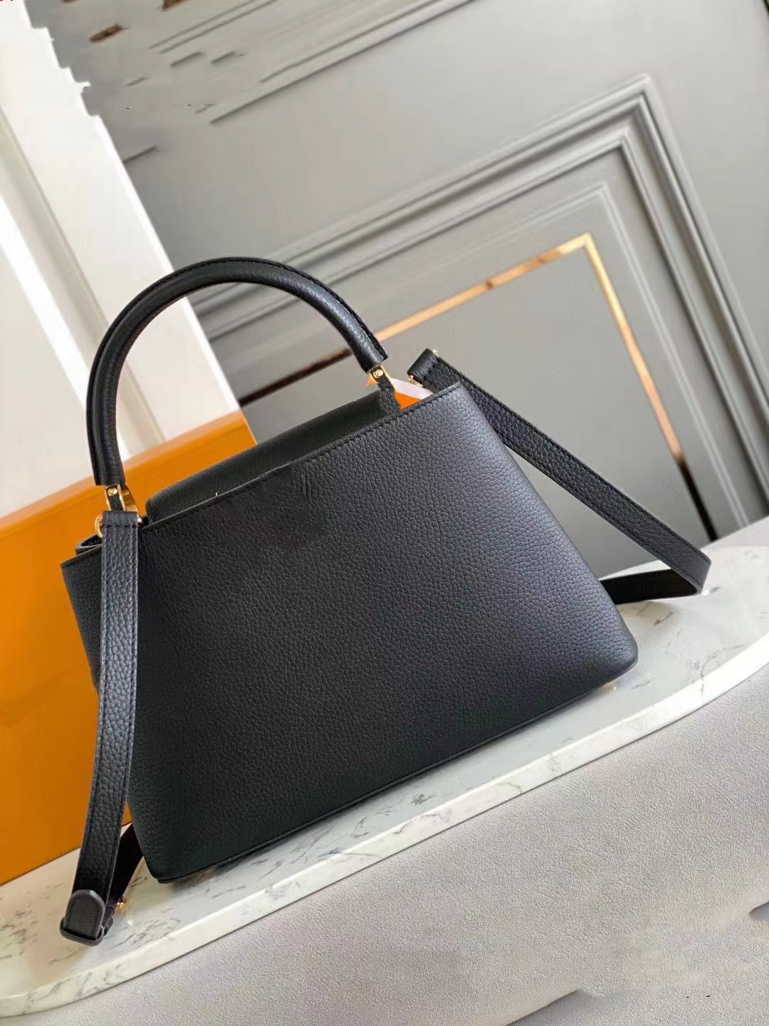 2023 Luxury Handbag tote bag Handbags Women Fashion Quality Mini Handle Cowhide Real Leather Black Handbag Medium Handmade Gold Lock Strap Purse-image-939259772