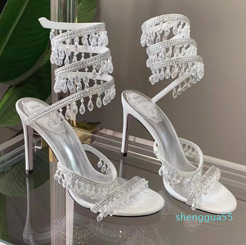 

Crystals Embellished rhinestone Heels sandals Rene Caovilla Cleo 95mm Designers Ankle Wraparound women high heeled sandal flower rhinestone 051, 7#
