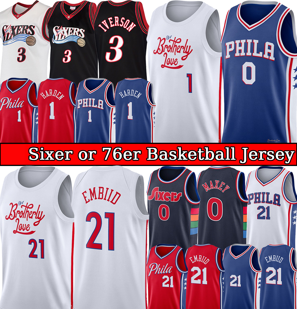 

76Ers''Joel Embiid Basketball Jerseys James Harden 1 Tyrese Maxey 0 Allen 3 Iverson Retro Mens City 2022 2023 Black White T-Shirt pHiladelphia''siXers''Jersey, With logo jersey
