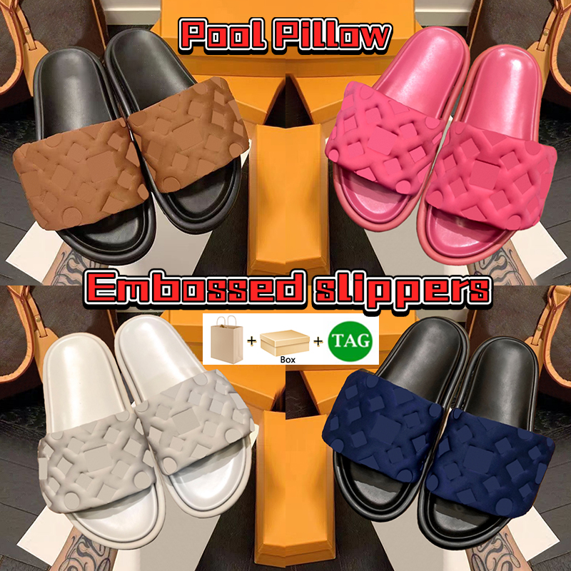 

with box Pool Pillow Slippers Comfort Embossed Mules flat Designer slides Womens shoes Summer luxury Sandals White printed copper Fashion mens Slide EUR 35-45, 02 deep blue