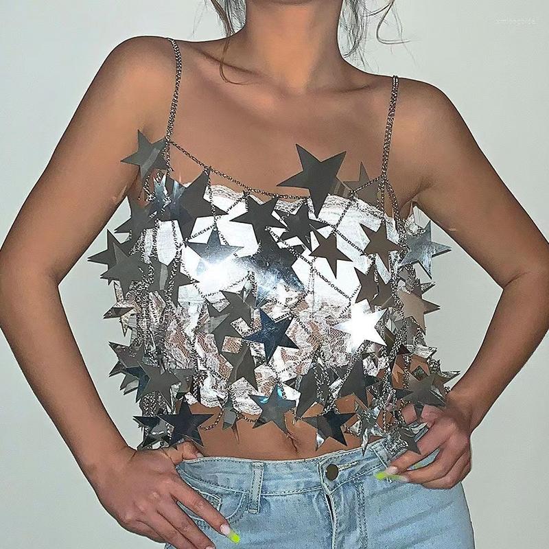 

Women's Tanks Lady's Camiole Design Fashion Hollow And Shiny Acrylic Five-Pointed Star Pendant Skirt Chic Slim Metal 2023 For Women, Silver top