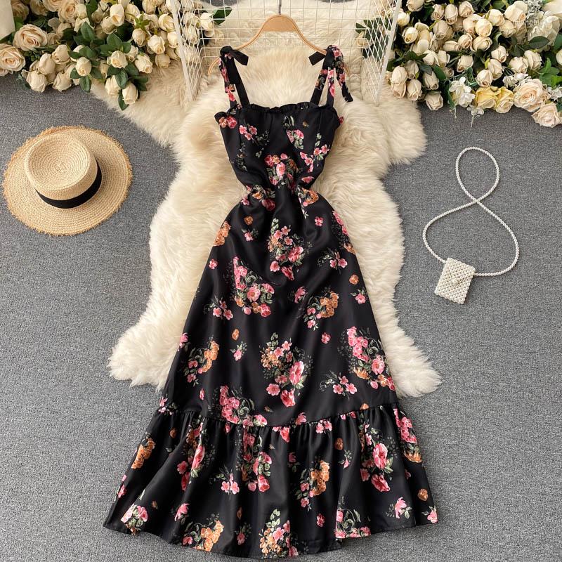 

Casual Dresses Summer Elegant Black Women Floral Tie Dress 2023 Print Tube Top Mid-Length Ruffle Sexy Strap Female Vestidos, Purple