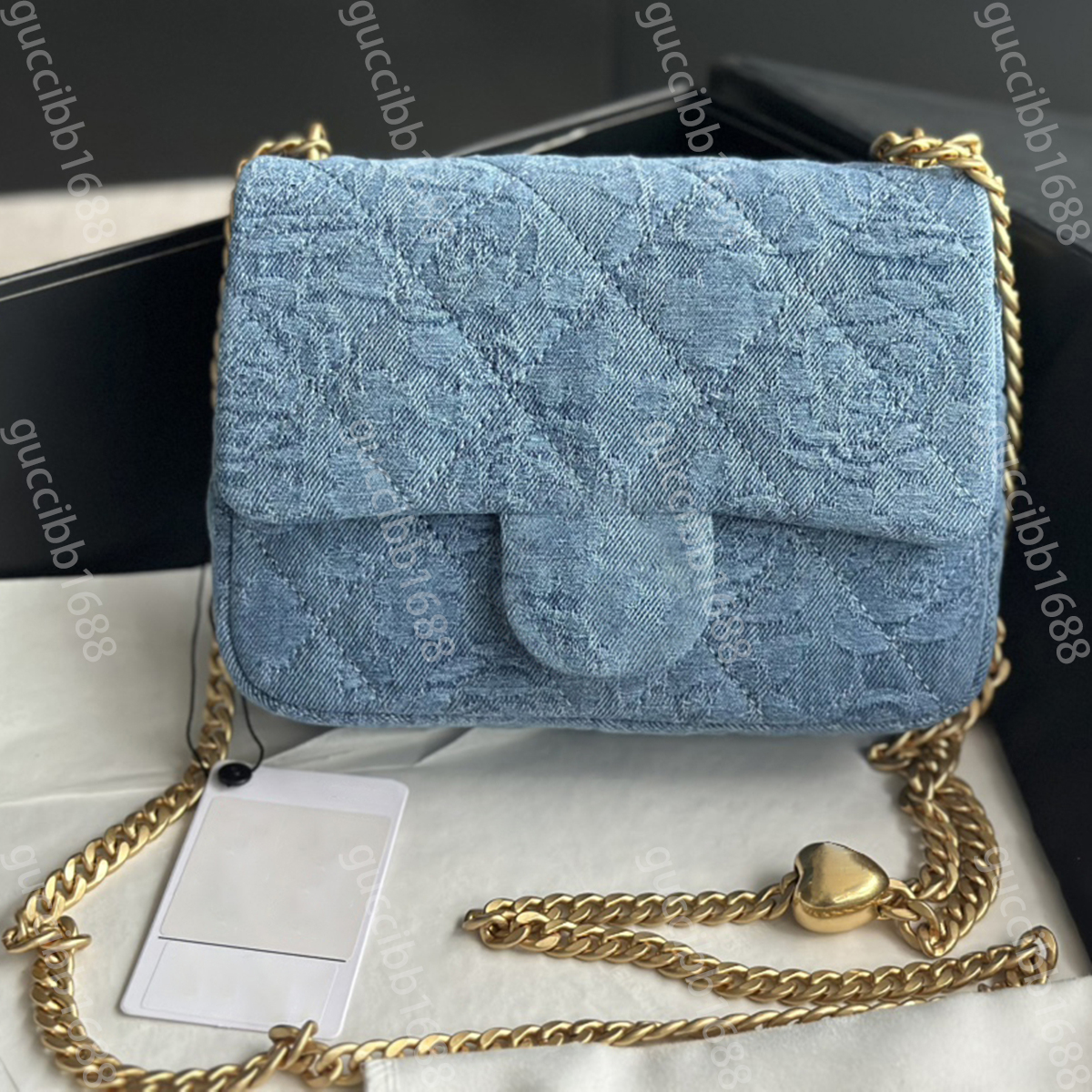 

10A Mirror Quality Designer Heart Ball Chain Bag Mini Square Womens Blue Demin Handbag Classic Flap Quilted Purse Crossbody Shoulder Strap Box Bag With Gold Hardware, Upload pics to contact us