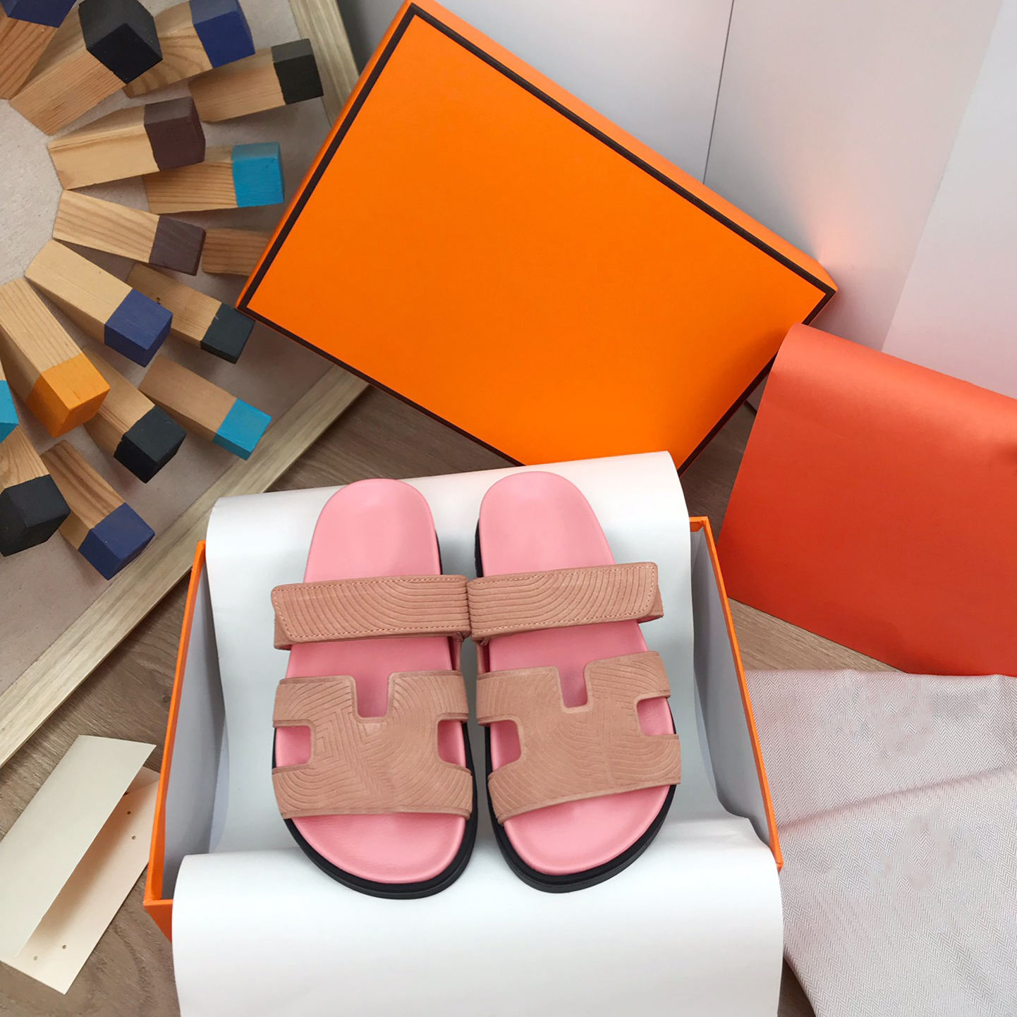 

Luxury brand design H devil patch sandals chypre silk cowhide men and women flat slippers