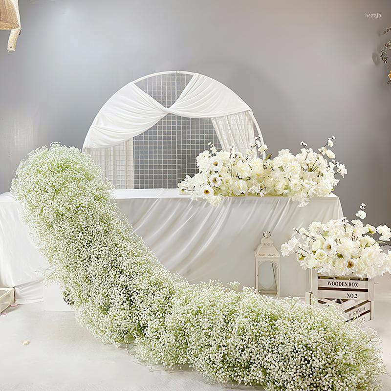 

Decorative Flowers Ivory Rose White Gypsophila Babybreath Flower Row Wedding Backdrop Prop Arrangement Event Party Decor Floral Table Runner, Customization colour