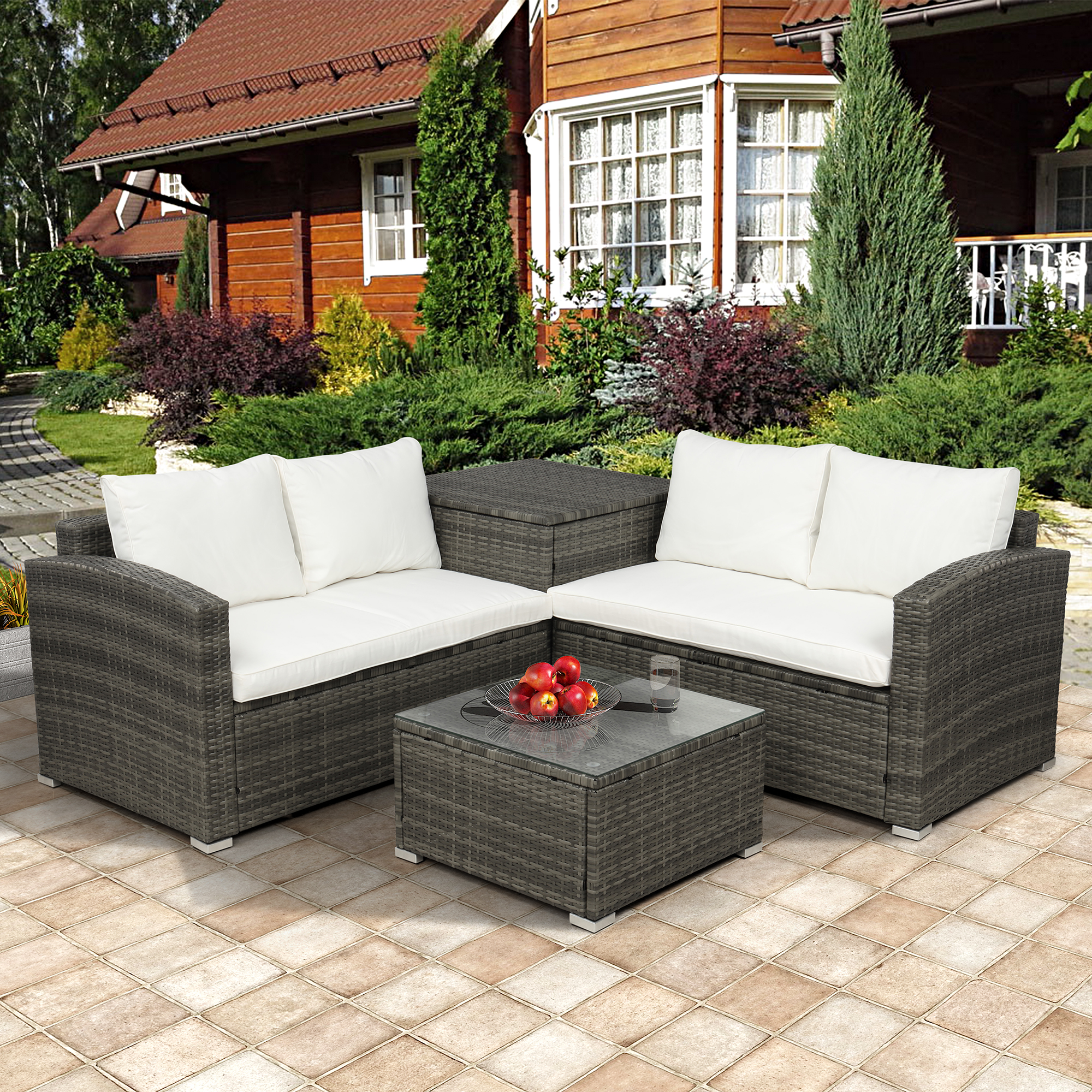 

Cushioned PE Rattan Wicker Sectional Sofa Sets Garden 4 PCS Outdoor Patio Furniture Set (Beige Cushion) US stock