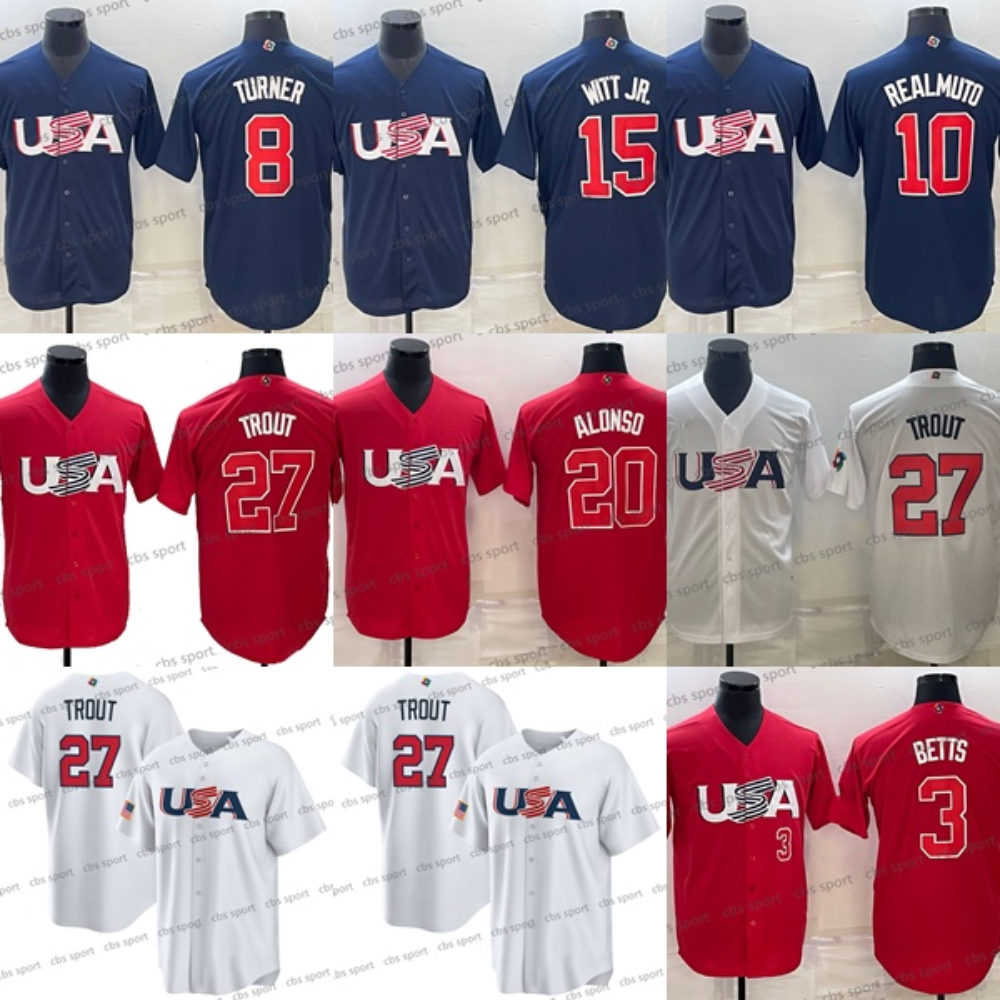 

Team USA 2023 WBC Baseball Jerseys 27 Mike Trout Nolan Arenado Pete Alonso 12 Kyle Schwarber Tim Anderson Mookie Betts Clayton Jerseys, Grey 2