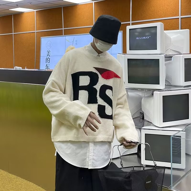 

Men's Sweaters Autumn and Winter Thickened Sweater Men's Korean Version Trend Loose Japanese Knitwear Winter Hong Kong Style Slouchy Linen Coat Men's Wear, Ivory