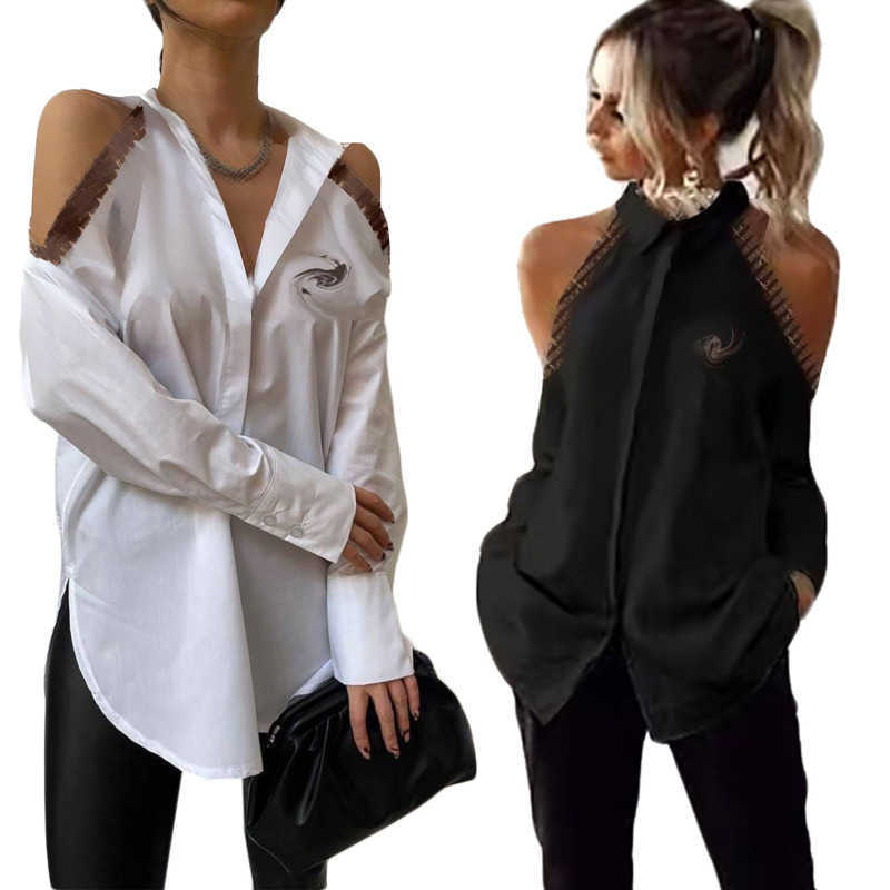 

J2799 Lapel Designer Open-shoulder Women' Shirt Letter-printed Loose Classic Lapel Shirt, White