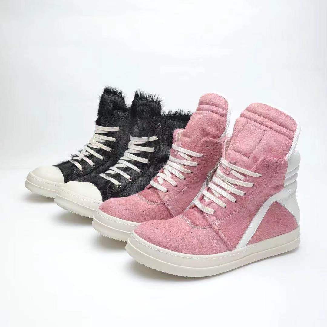 

Owens Winter Horse Hair High Top Women Shoes Sneakers Lace Up Men Thick Soled Leather Rick Ro Geobasket Zipper Motorcycle Boots, Pink