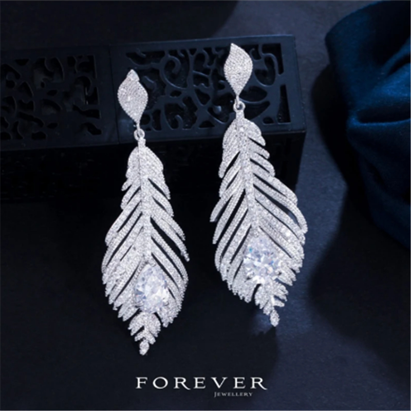 

14K White Gold Feather Diamond Dangle Earring Stud Wedding Drop Earrings for Women Bridal Promise Engagement Party Jewelry Gift