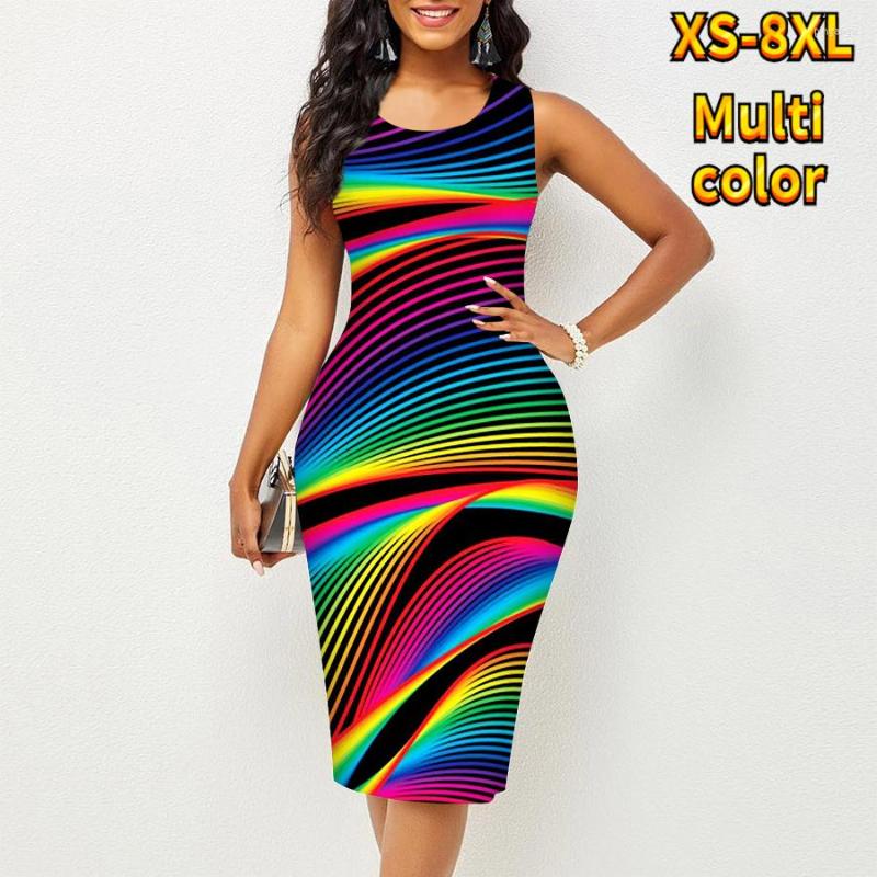 

Casual Dresses Rainbow Stripe Print Sleeveless Midi Dress Sexy Party Vest Slim Fit Colorful Everyday 2023 Trend Personal