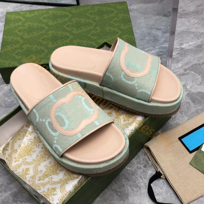 

Designer Slippers for women platform Sandals women's 55mm Fashion embroidery printed Canvas girl sliders platform wedge rainbow sandals mid heel rubber high shoes, Color9