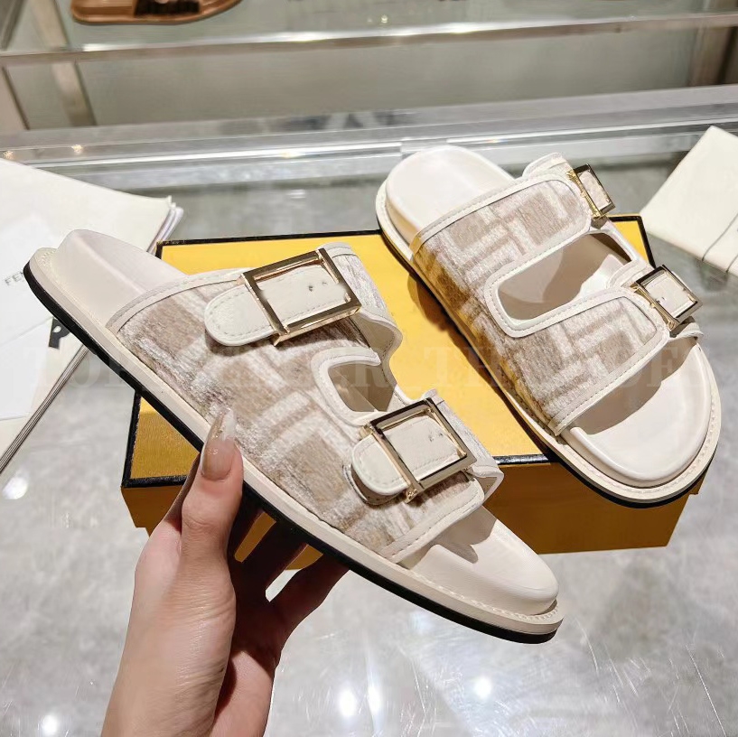 

Designer Sandals Women FF Fabric Slides Birks Mule Sandal White Leather Slides Buckle Printing Slippers