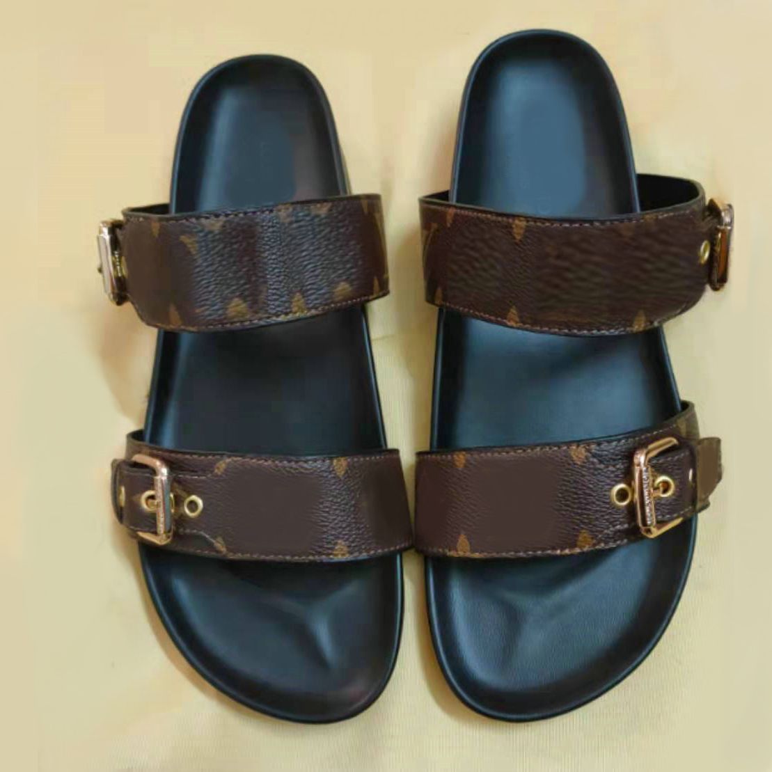

L* Top Quality Designer Slippers slides sandals Summer Flats Sexy real leather platform Shoes Ladies Beach Effortlessly Stylish Slides Gold Buckles Women, Color 1