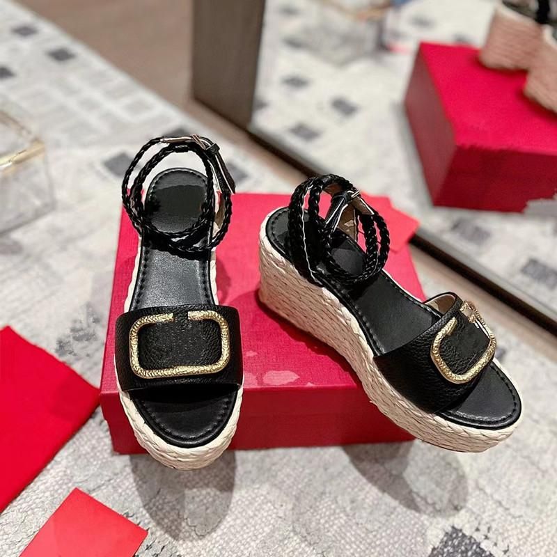 

women high heels wedge platform sandals with metal buckle decoration ankle straps fashion ladies Slides pointed 2023 shoelace sandals famous designer sandal heel, Pink