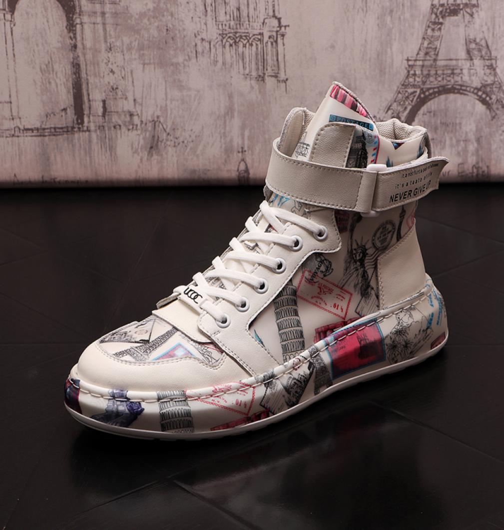 

Spring And Autumn Men Lace Up Ankle boots Casual printing Black White New Luxury Fashion High Top Shoes Flats Male Running Sneaker8052800