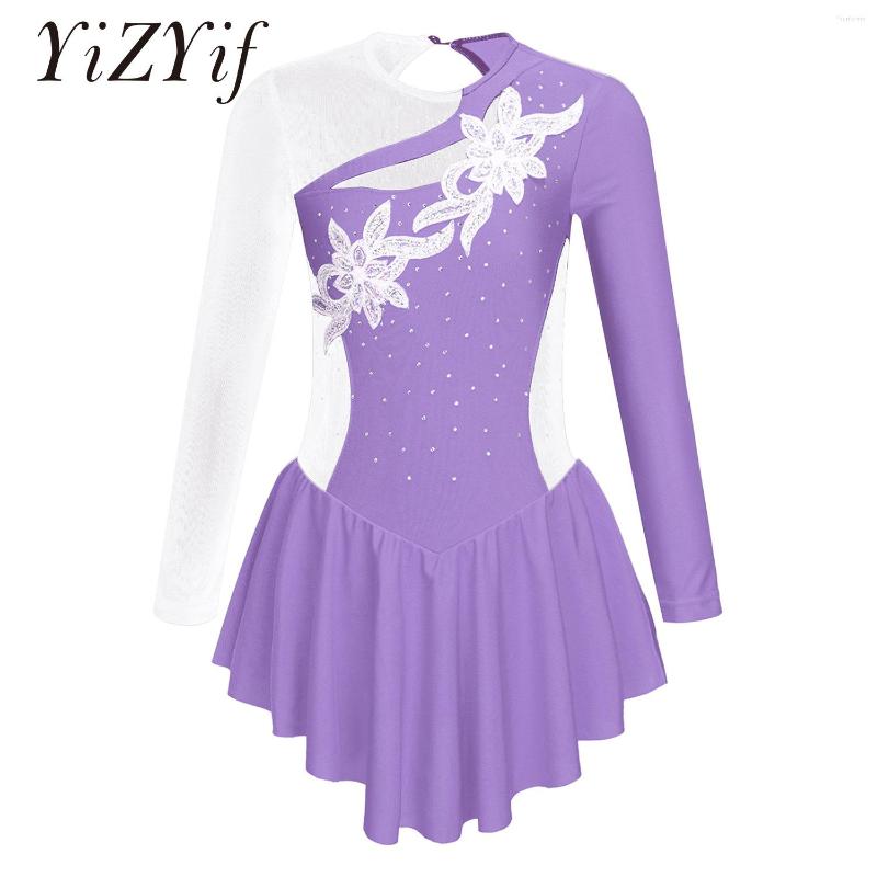 

Stage Wear Girls Ballet Leotard Dress Kids Rhinestone Long Sleeves Gymnastics Figure Skating Performance Competition Dancewear, Red a