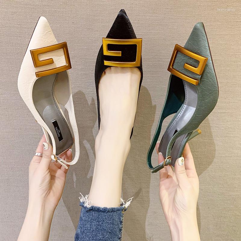 

Sandals Metal Square Buckle Kitten Heels 7 Cm Sexy Party Shoes Black Green White Woman Pumps Middle Heel For Women Size 43