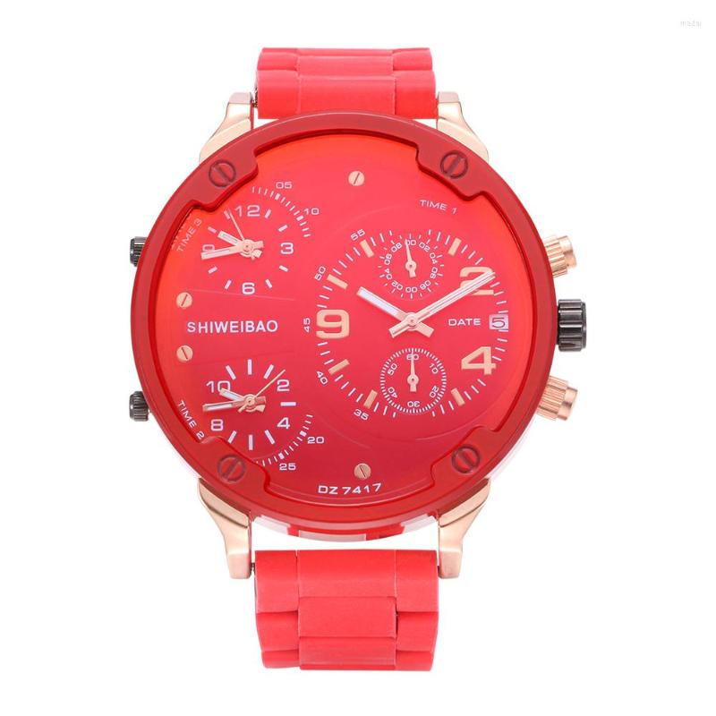 

Wristwatches 52mm Big Case Watch Men 3 Time Zones Chronograph Waterproof Sports Mens Quartz Watches Silicone Steel Military Relogio, Red